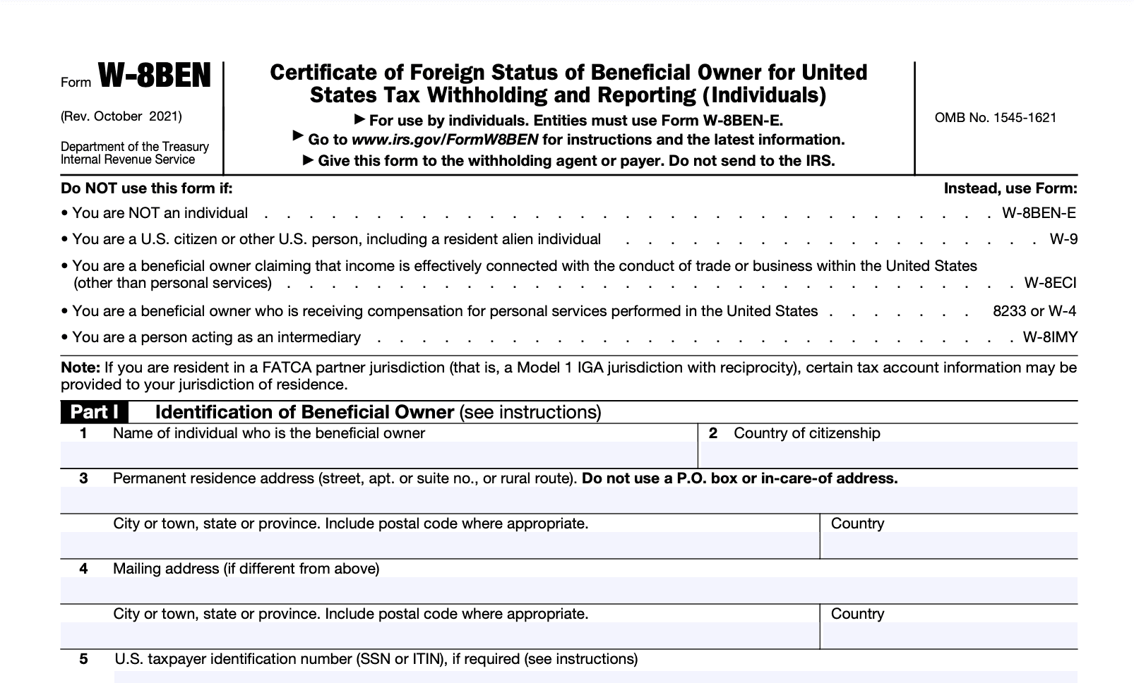 Sample W-8 BEN form.