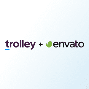 Logos Trolley et Envato sur fond bleu clair.