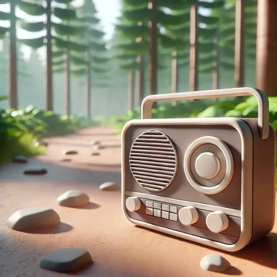 DALL·E 27/06/2024 11.35.00 - Illustration 3D haute résolution d'une radio posée sur un chemin de terre en forêt. Le style est épuré, minimaliste et légèrement cartoonesque, avec des lignes fluides.